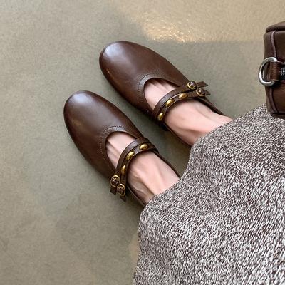 2025 осень новые туфли на плоской подошве одинарные туфли супер мягкие вечерние туфли абрикосовые туфли французские двубортные кожаные туфли Мэри Джейн