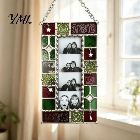 Holiday Commemorative Keepsake Acrylic Photo Frame Light Catcher, Retro Stained Glass Style Hanging Transparent Wall Art Display with Chain,