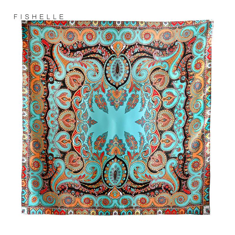Peacock Blue Natural Satin Silk Scarf 110cm Big Square Bandana Printed 100% Pure Silk Scarves Women Luxury Shawl Gift for Lady