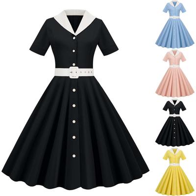 Женское однотонное повседневное вечернее платье с v-образным вырезом и короткими рукавами в стиле ретро