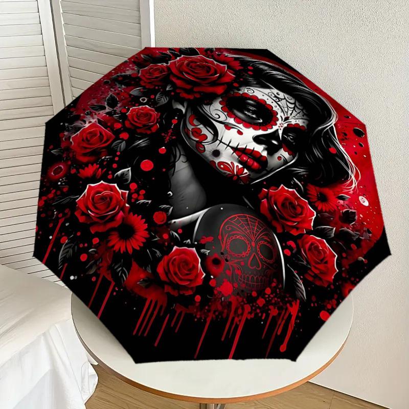 1PC Day of the Dead, Sugar Skull Umbrella-8-Rib Reinforced, Automatic Open, Lightweight & Durable, Fashion Accessory for Outdoor, H0380