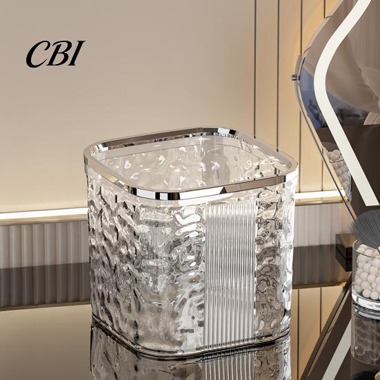 Small Trash Bin for Desk Desktop Can with Pop-Up Lid, Transparent Glacier Texture Waste Compact Bedroom Bin, Plastic Garbage Container Bathroom Office