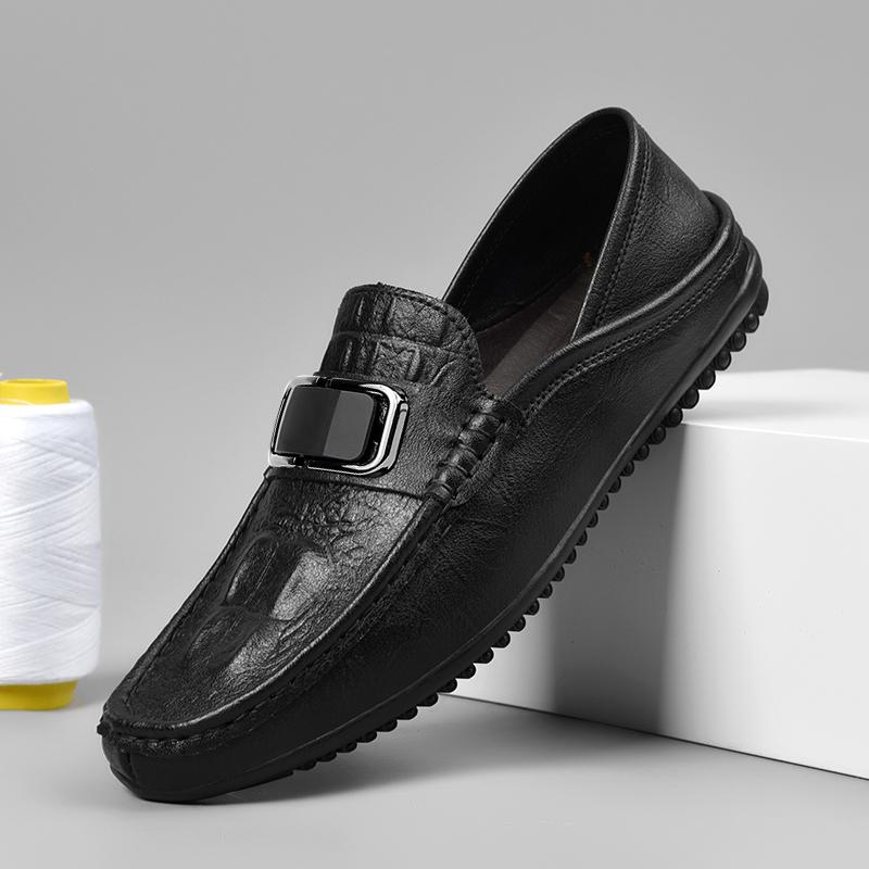 Brand Men Autumn Two-layer Leather Bean Shoes, Outdoor Breathable Spring Men Comfortable Soft Soled Slip On Casual Shoes