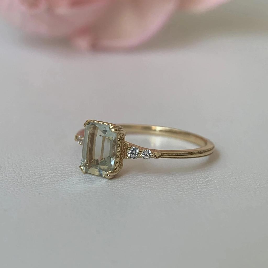 Women’s Emerald Cut Green Amethyst Gemstone Engagement Ring – Gold Plated Band with Side Diamond Accents, Elegant Statement Jewelry Gift for Her