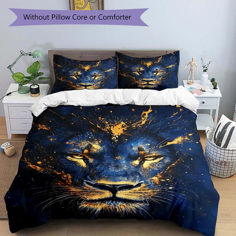 3pcs Lion Face Artwork Duvet Cover Set - Machine Washable, Includes 1 Cover and 2 Pillowcases, No Core Included yy251013045