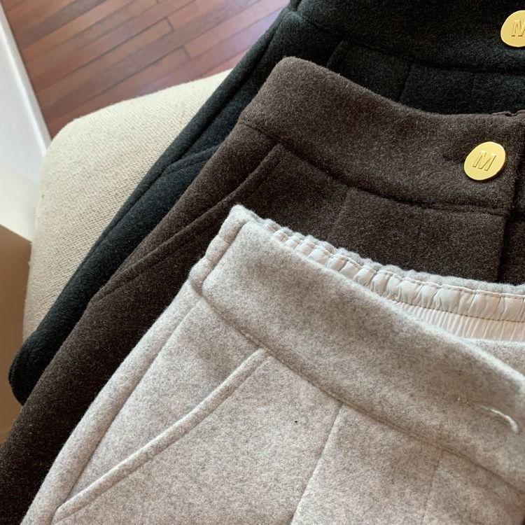 Женские эластичные шерстяные брюки с высокой талией и широкими штанинами, с разрезом, стройнящие, осенне-зимние, свободного кроя.