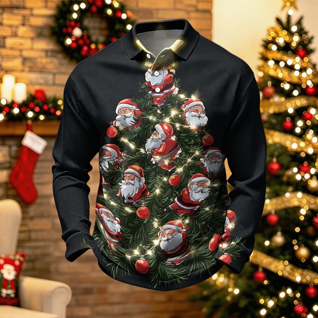 Men's Long Sleeve Golf Shirt Quick-Dry Mesh Casual Top with Christmas Print for Holiday Wear
