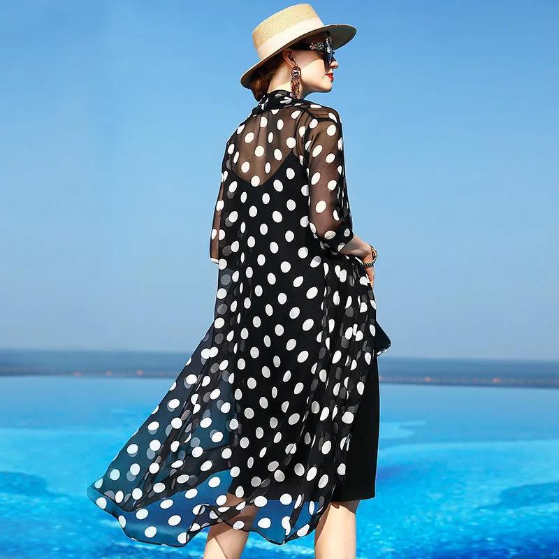 Spring Summer Mid Length Women's Thin Light Spotted Air-conditioned Shirt Draped Over A Shawl Sun Protection Long Sleeved Beach Jacket