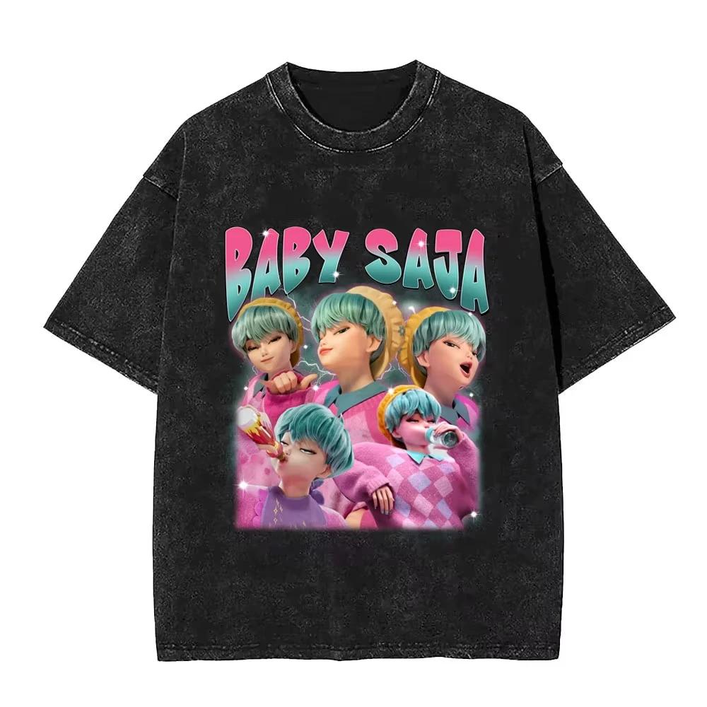 Movie KPop Demon Hunters Derpy Tiger Vintage Washed T-shirt Men Women Cartoon Streetwear Men's Fun Oversized T Shirts