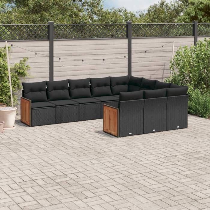 VidaXL Salon de Jardin avec Coussins 10 pcs, Canapés de Terrasse, Ensemble de Meubles de Patio, Mobilier d'Extérieur, Noir 3228015