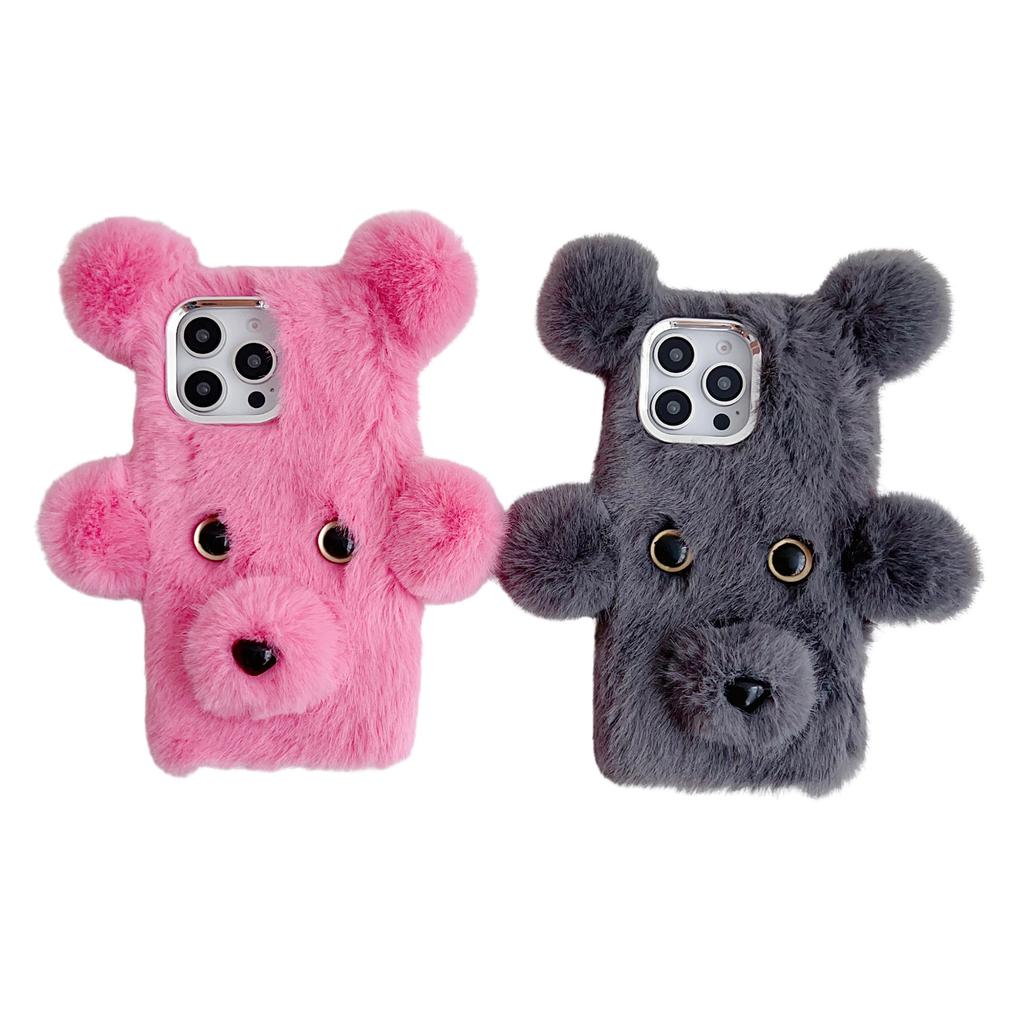 For iPhone 16 Pro Max Case 3D Bear Faux Fur Fluffy Inner TPU Phone Cover