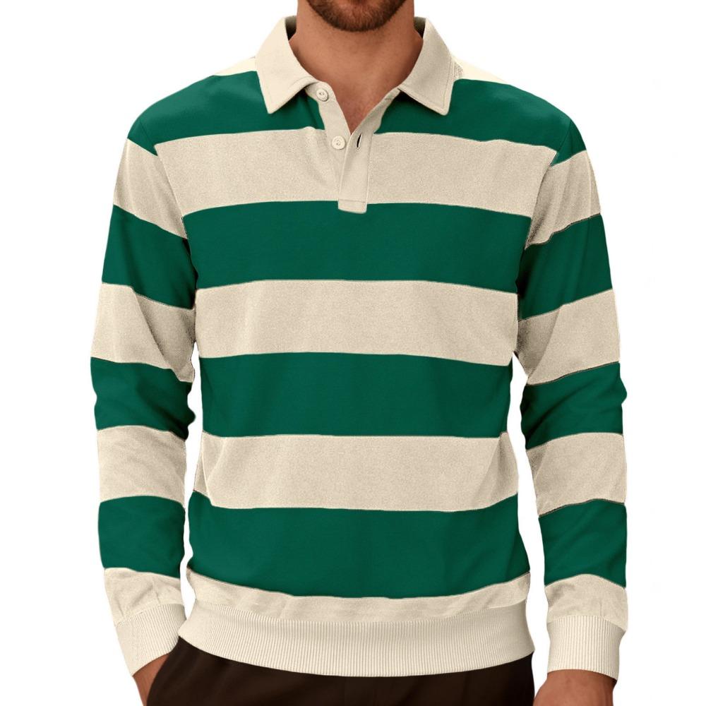 Men Long-sleeved T-shirt 2025 Autumn New Fashion Trend Striped Printing Casual Loose Outdoor Camping Lapel Top Couple POLO Shirt