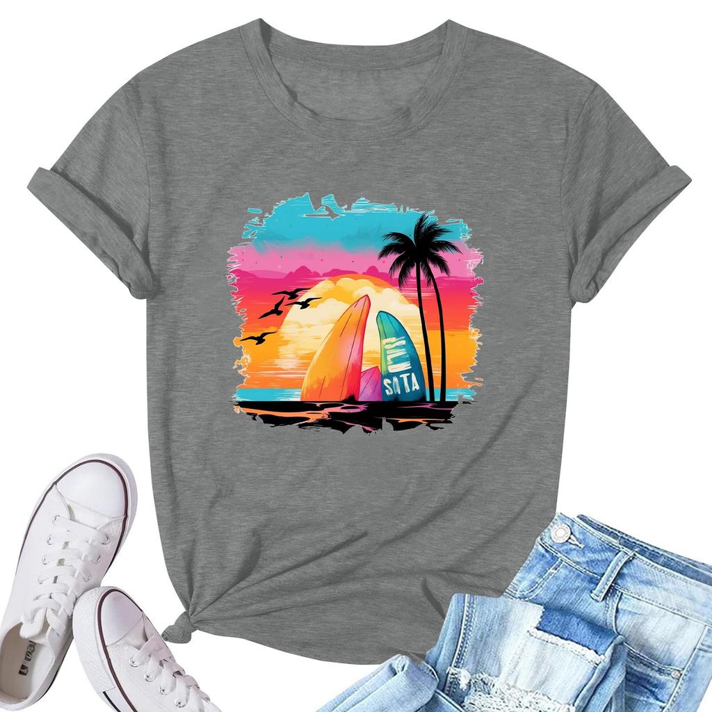 Women's Fashion Printed Casual Pleated Round Short Sleeve T-Shirt Top