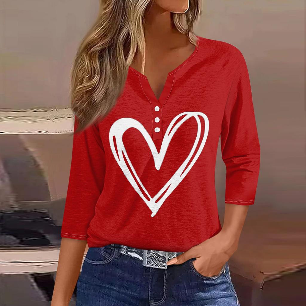 Жен. Футболка Футболка С принтом Пуговицы Рукав 3/4Ежедневно Выходные Мода Классический Топ с v-образным вырезом Обычный