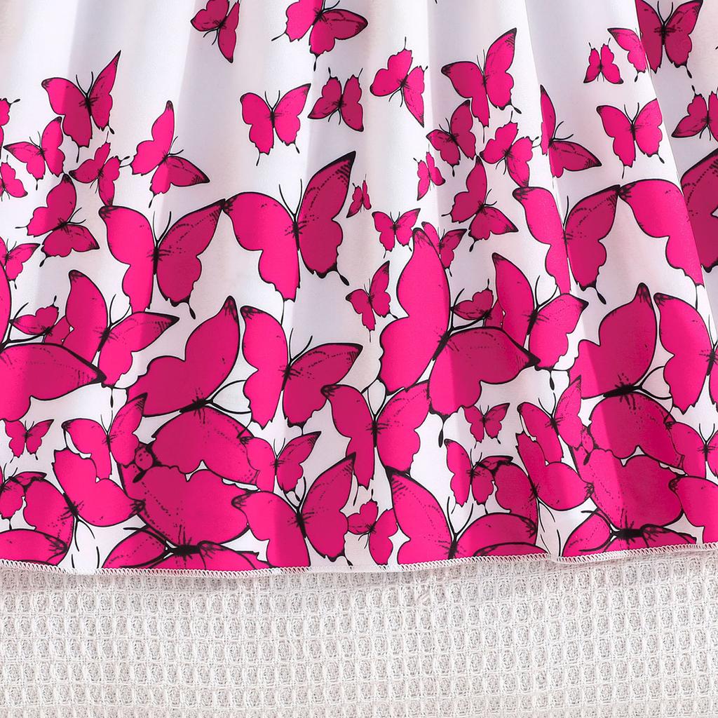 Girls' Butterfly Print Sleeveless Dress + Belt 2025 Summer Children's Fashion Casual Dress