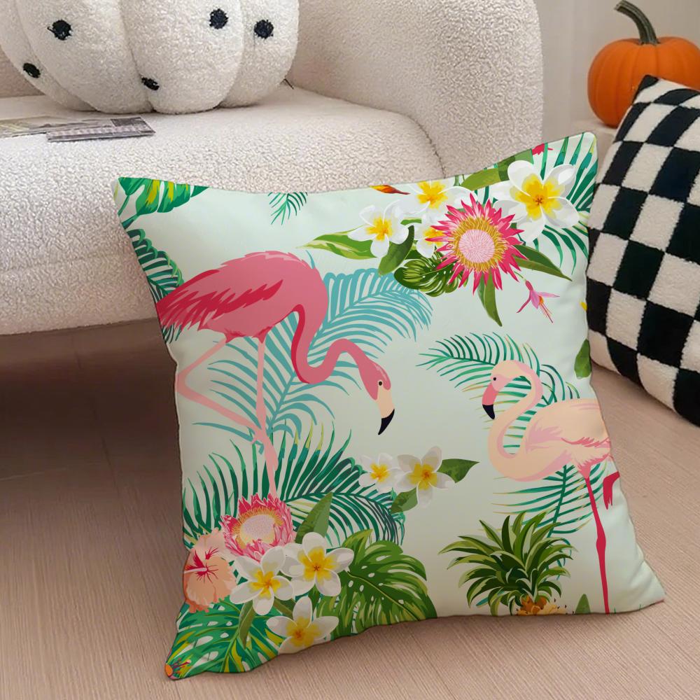 Forest Flamingo Palm Leaves Plant Pattern Art Cushion Cover Throw Pillow Cover Hidden Button Durable Polyester Chair Cushion