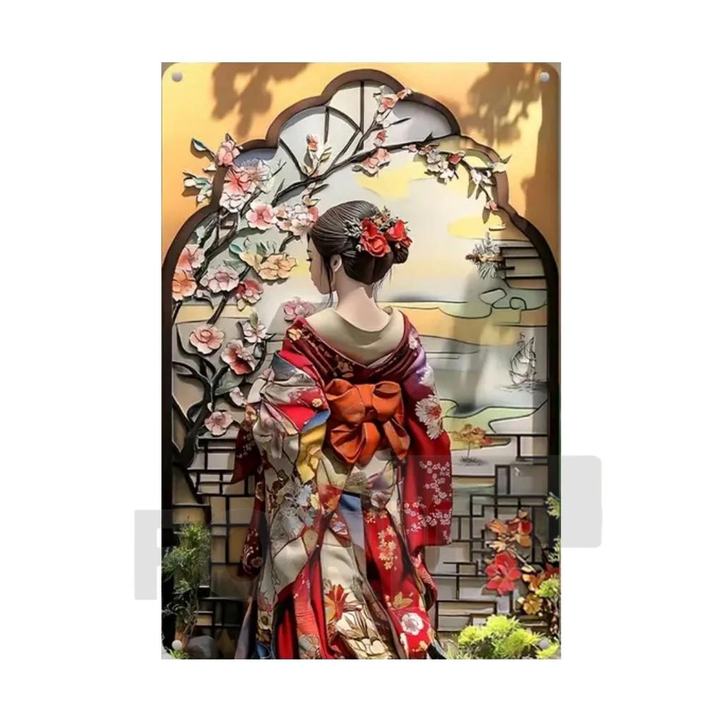 Японская гейша кимоно металлический знак, 2D элегантный японский постер с цветущей вишней, для дома, комнаты, офиса, идзакая, кафе, студии настенный декор