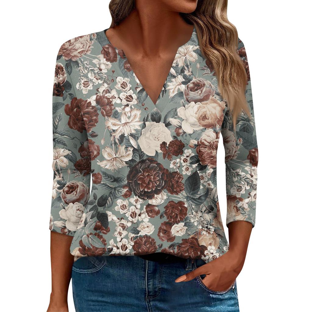 Women's T Shirt Tee Print Button  3/4 Sleeve Daily Weekend Fashion Basic V- Neck Regular Top