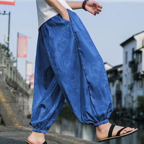 Мужские Брюки Фонарики Хиппи Бохо Широкие С Принтом Дракона Свободные С манжетой на щиколотке Мягкие Дышащие Шаровары Длинные Брюки для Йоги