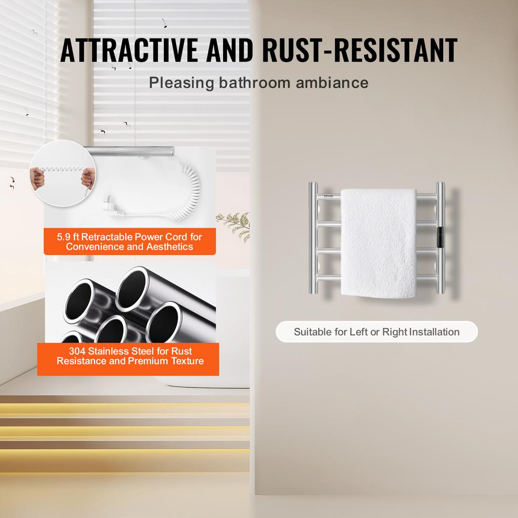 SucceBuy 4/6/8/10 Bars Towel Warmer Rack Wall Mounted Heated Towel for Bathroom IPX5 Waterpoof 5 Levels Temperature Towel Heater