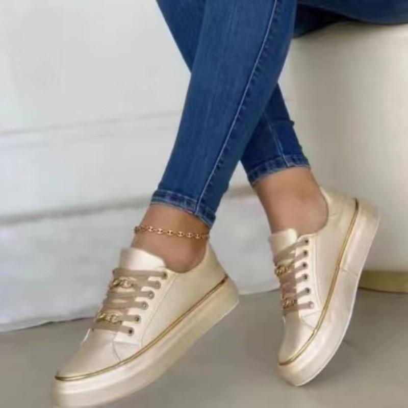 2025New Fashion Women's Sneakers  Chain Leather Comfortable Round Toe Platform Sneakers Lace-up Walking Women's Vulcanized Shoes