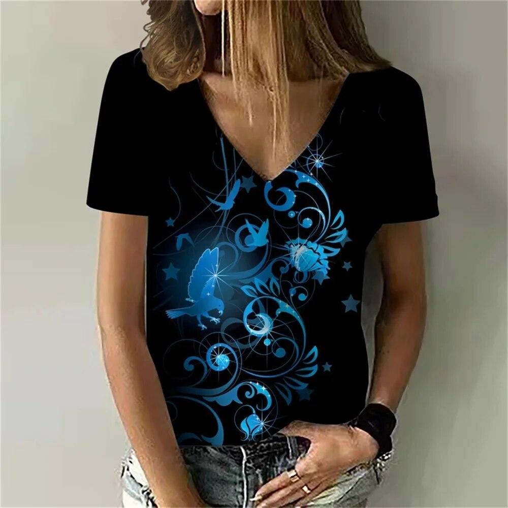 Versatile Sexy V-neck Women's T Shirt Flower 3D Print Summer Short Sleeve Fashion Street Harajuku Comfortable Ladies Tee Casual