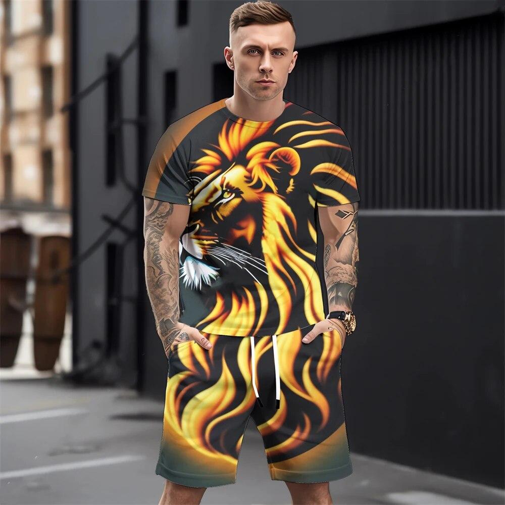 Летние мужские комплекты футболок, модная одежда с 3D принтом животных, необходимая одежда для мужчин, повседневный спортивный костюм, спортивный костюм из двух предметов для бега, спортзала