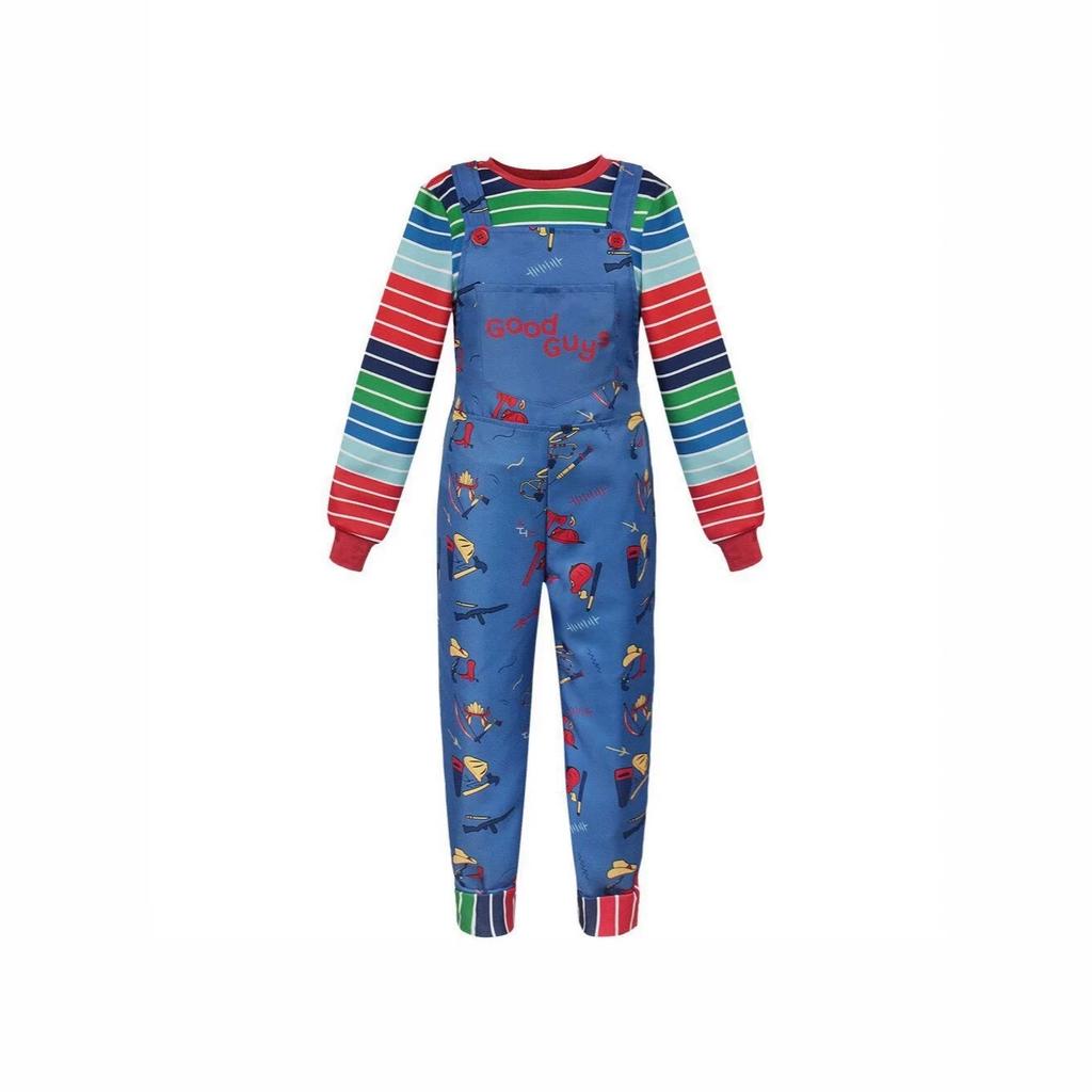 Horror Movie Doll Costume Adults Colorful Striped Top Overalls Dress Costume Retro Scary Toy Themed Outfit For Halloween Party