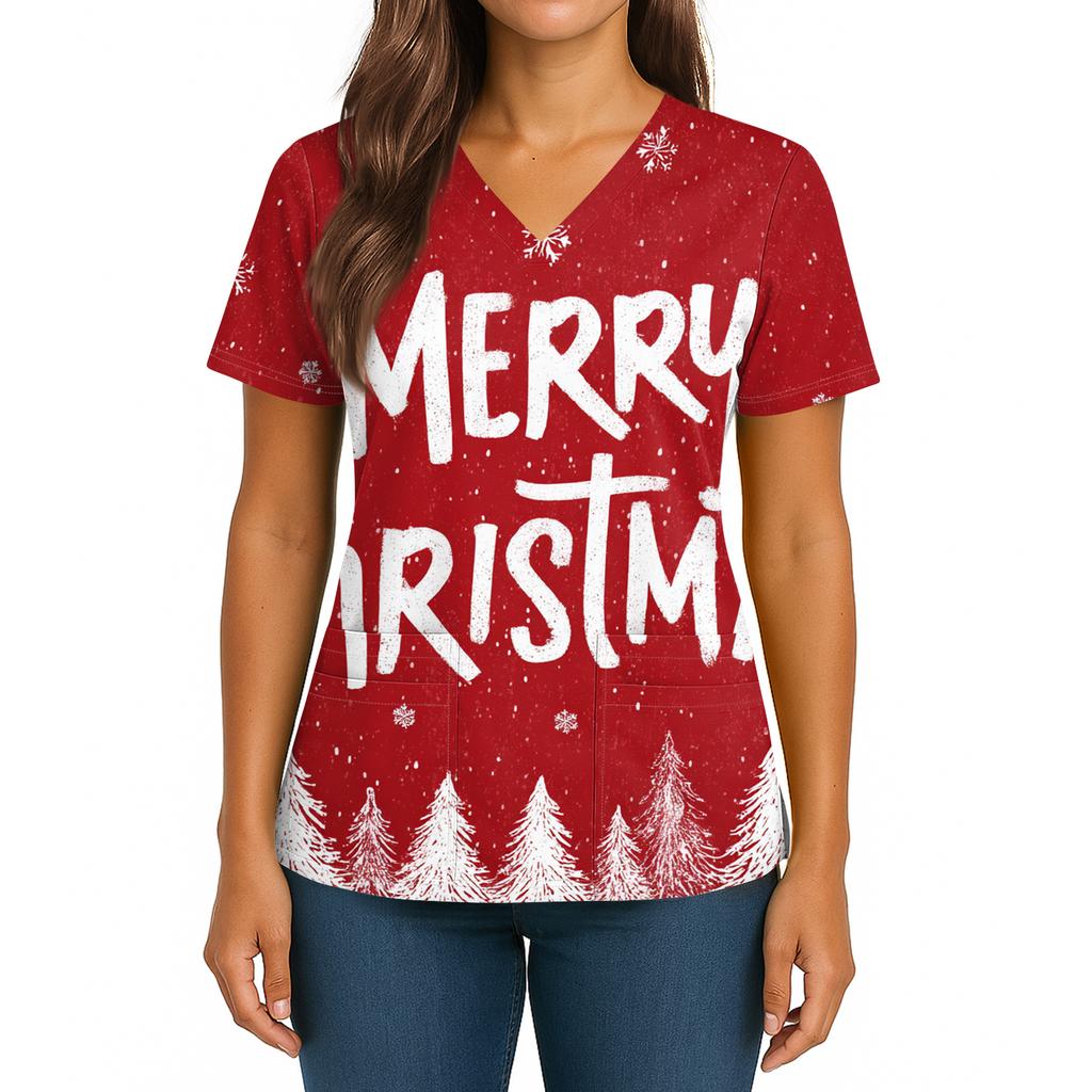 Women's Christmas Print V-Neck Double Pocket Short Sleeves Hem Slit Uniform And Caregiver Top