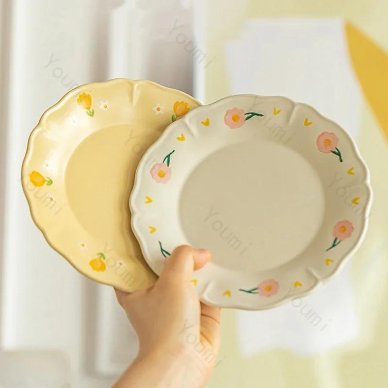 Ретро Цветочная Керамическая Тарелка Модная Креативная Вкусная Суповая Чаша Домашняя Послеобеденная Чашка Десерт Фруктовые Тарелки Изысканная Рыбная Тарелка