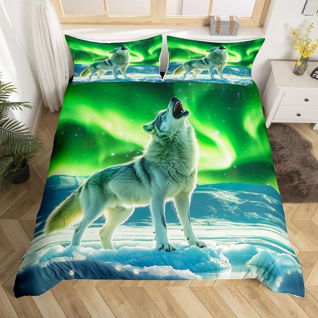 Wolf Warm Comforter Cover King Quen,Safari Animal Beding Set for Young Boys Adult Peoples Wild Wolves Soft Duvet Cover Smoky Mountain Comfortable