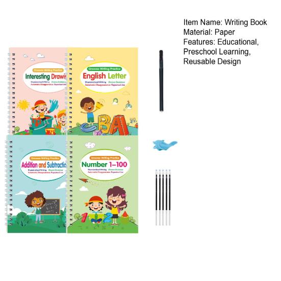 4Pcs Grooved Handwriting Practice Workbooks Reusable Kids Alphabet Number Learning Tracing Book Writing Practice Book with Pen Refills Pencil Gripper