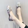 Spring and Summer Square Head Flat Plaid Cloth Low Heel Retro Hong Kong Style Grandma Shoes Metal Buckle Single Shoes Women's Flat Shoes