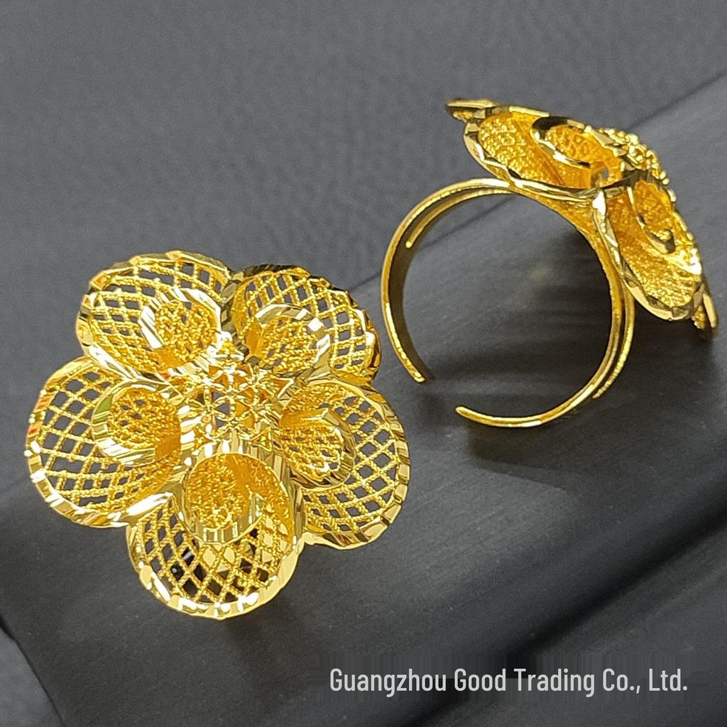 Вьетнамское кольцо из меди с 24-каратным золотым покрытием в виде цветка - Не тускнеющее, Регулируемый размер для невест