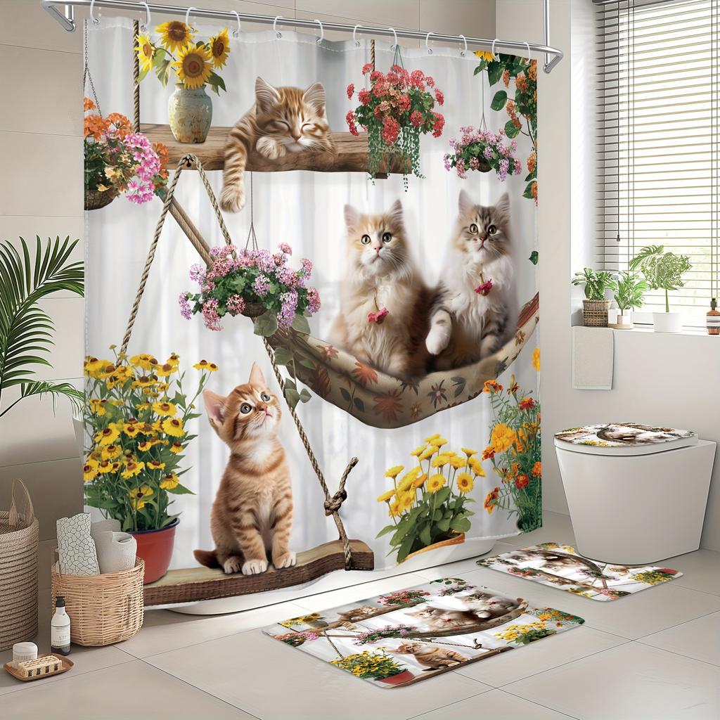 1/4 шт. Роскошный забавный кот, водонепроницаемый комплект занавесок для душа, декоративный набор для ванной комнаты, нескользящий коврик для унитаза, коврик для ванной и 12 крючков