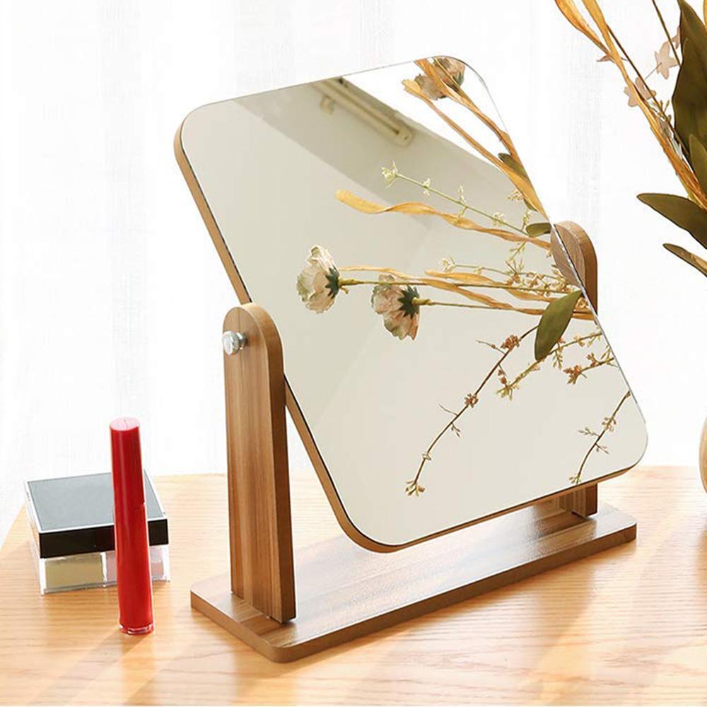 360 Degree Rotating Vanity Mirror with Wooden Base Vintage Desktop Makeup Mirror Size S