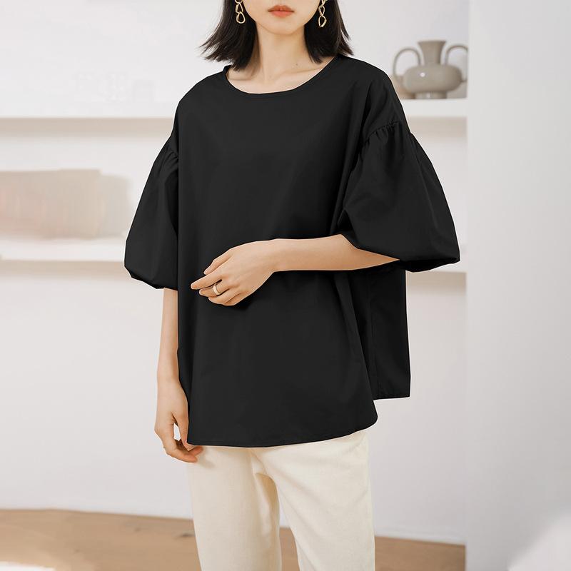 Crew Neck Shirt Women's Japan and Korea Summer Loose Cotton Oversized Lantern Sleeve Top Popular