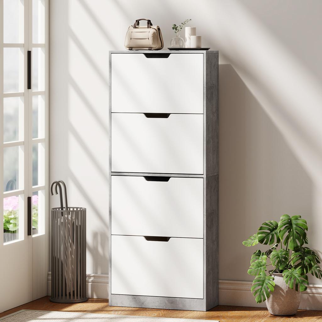 Modern Space-Saving Shoe Cabinet with 4 Doors for 16 Pairs of Shoes, 62.5x26x156 cm, Concrete Grey