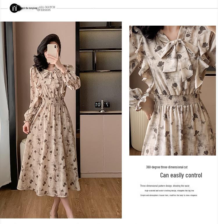Корейское шифоновое платье с оборками и принтом и рукавами-буфами