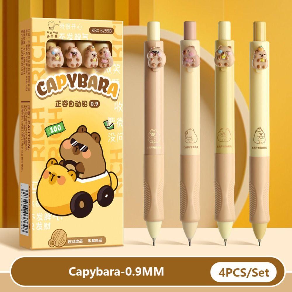 4PCS 0.5/0.9MM Cartoon Capybara Soft Automatic Pen Holding Posture Correction Mechanical Pencil Stationery Drawing Writing Tool