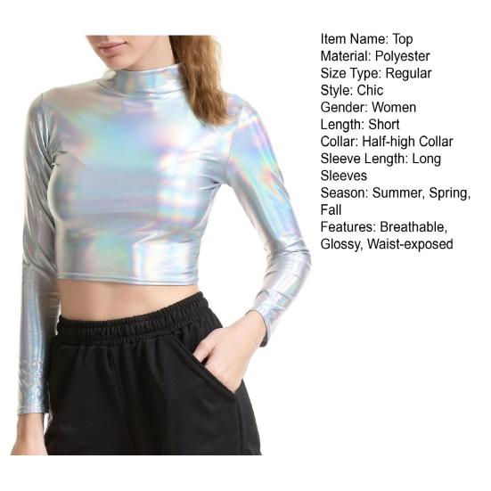 Женский клубный топ с высоким воротником и глянцевой поверхностью, однотонный пуловер с открытой талией, мягкий дышащий женский укороченный топ для танцев на пилоне для вечеринок