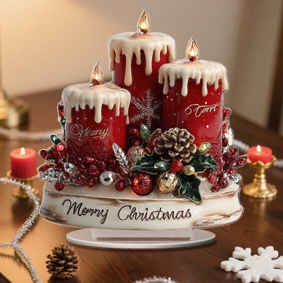 Christmas Tabletop Sign 2D Acrylic Desktop Sign with Candles Pine Cones Red Berries Pattern for Holiday Tiered Tray Home Party Decor