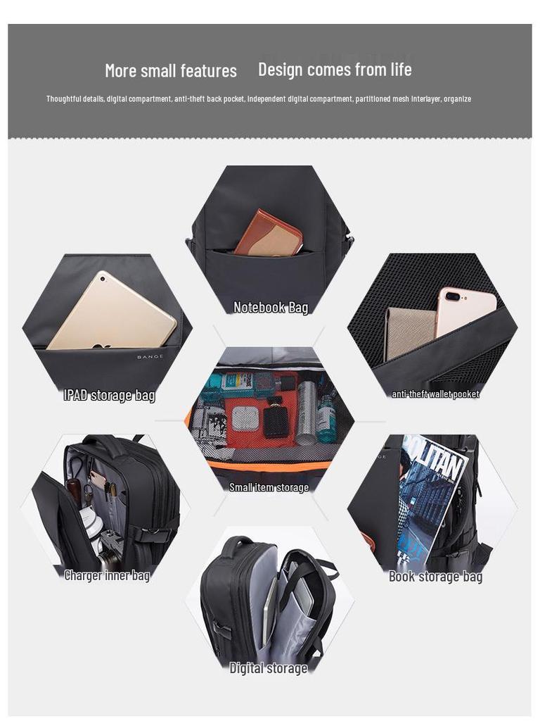 BANGE Men's High-Capacity Business & Travel Laptop Backpack