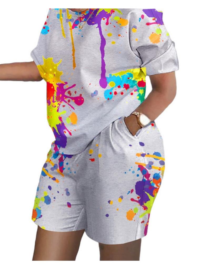 Casual Women's 2-piece 3d Printed Fashionable Short Sleeved Top and Shorts Set Oversized Loose and Simple 2-piece Set