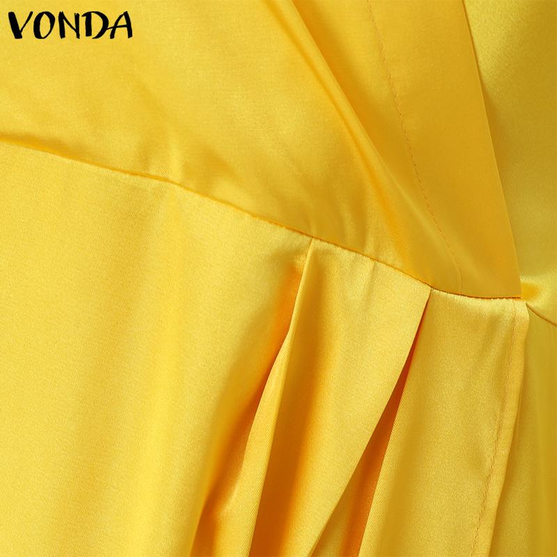 VONDA Женское модное однотонное атласное платье-рубашка с длинным рукавом и разрезом