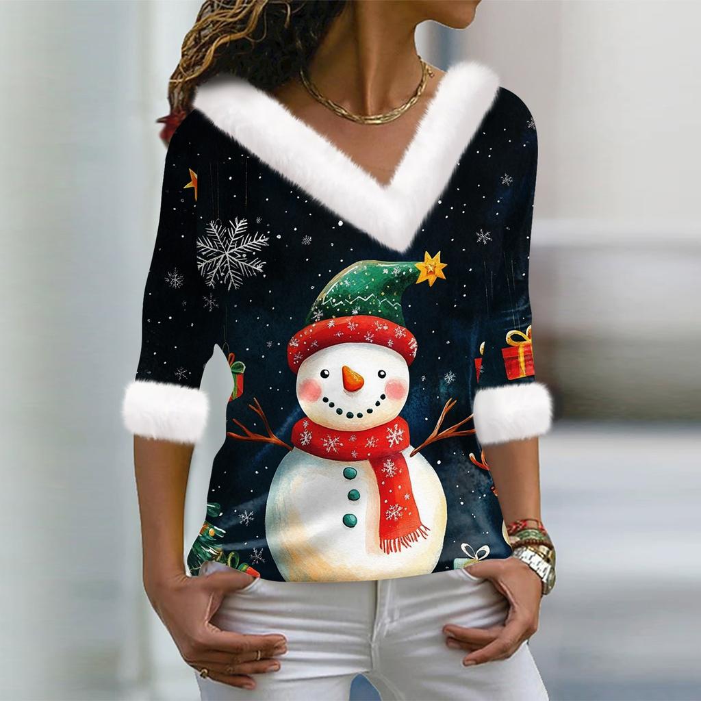 Женский модный повседневный топ с V-образным вырезом и длинными рукавами, рождественским принтом и плюшевым воротником