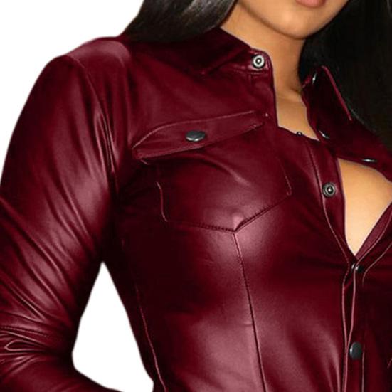 Женская рубашка однотонная приталенная из искусственной кожи крутая блузка с V-образным вырезом для повседневной носки