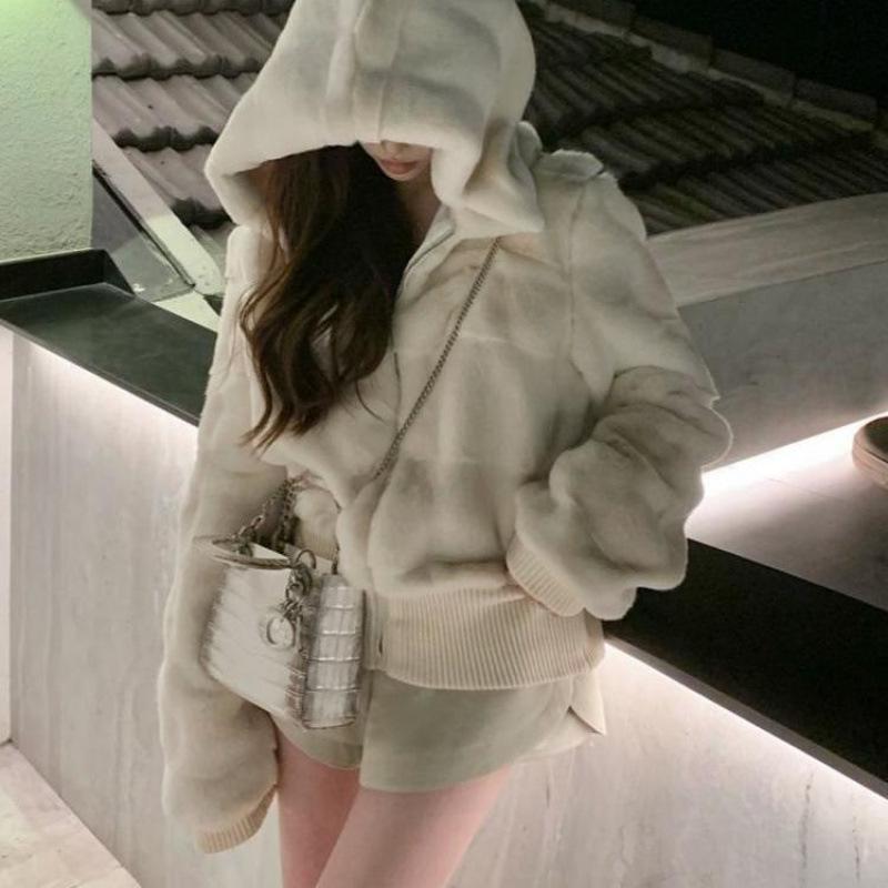 Зимняя новая имитация норкового меха, знаменитость, кожа, женское короткое с капюшоном, утолщенное изысканное легкое пушистое пальто