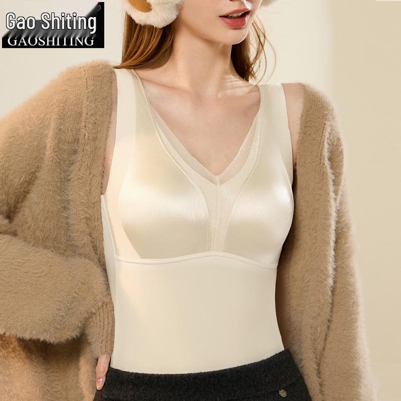 Женский бесшовный шелковый кружевной топ с бюстгальтером - Плюс бархат, начесанный для тепла - Идеально для осени и зимы
