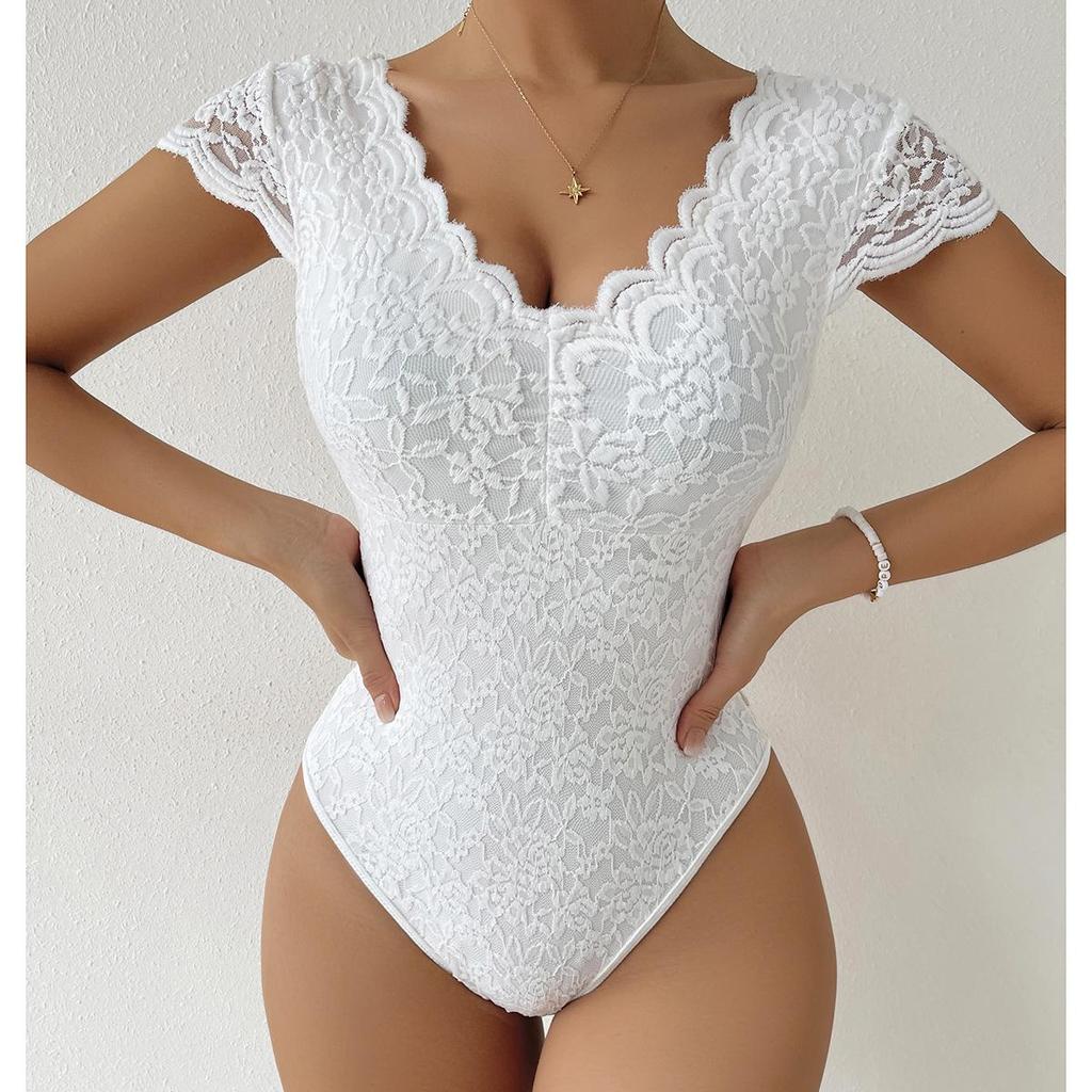 2025 Summer European & American Solid Lace-Trim Deep V Backless Bodysuit